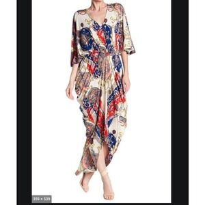 TOV  Baroque Scarf Print‎ Maxi Dress V-Neck Kimono Sleeve Draped